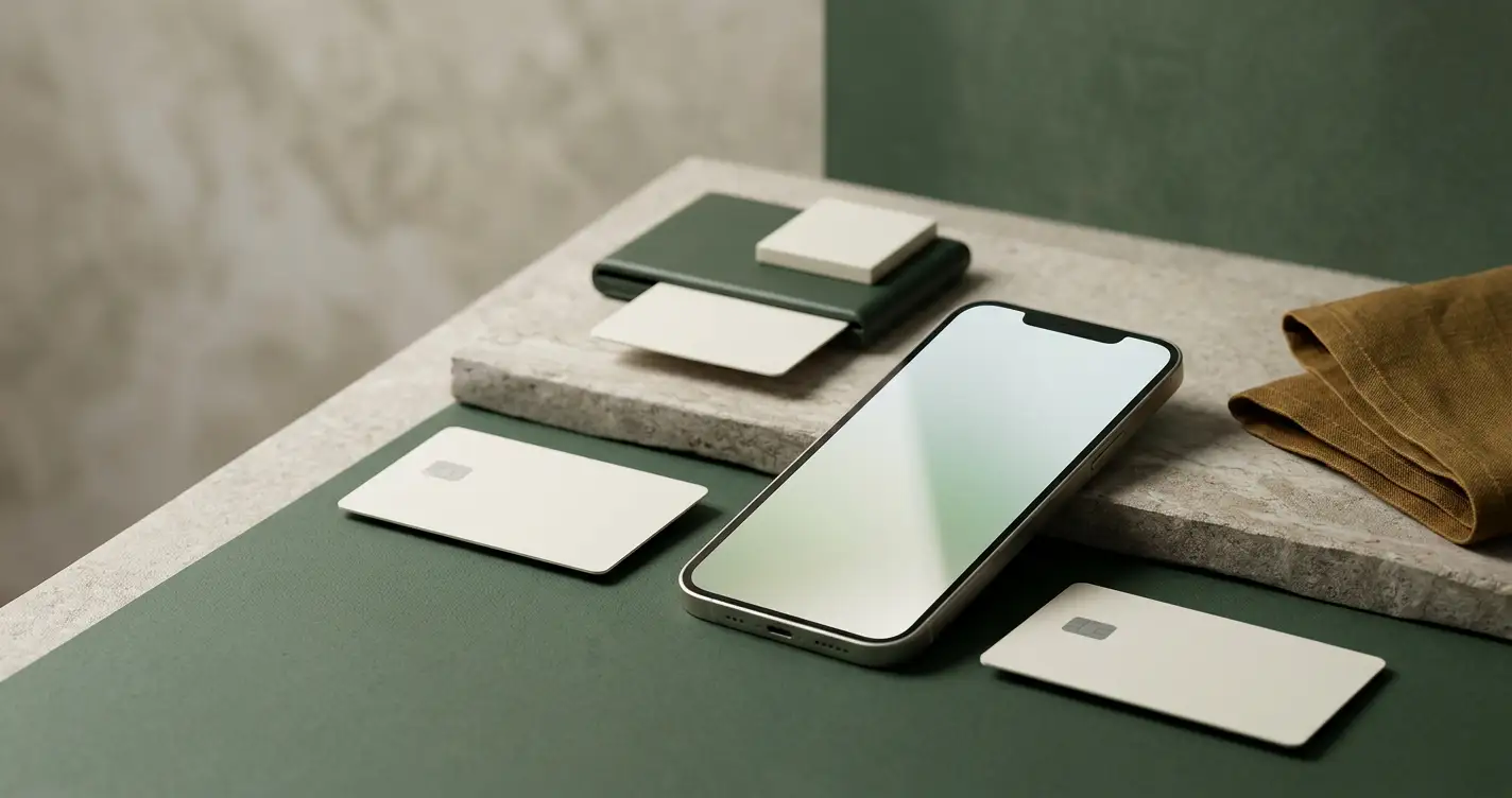Illustrazione editoriale di smartphone e strumenti di pagamento digitali senza loghi o dati personali